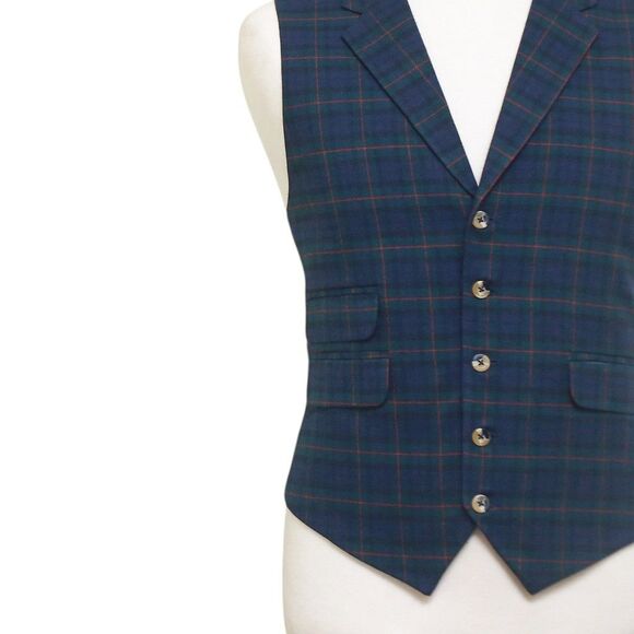 Mens Vest 44R Tartan Plaid Blue Green Red Wool Lapel Waistcoat Formal Wedding - Picture 7 of 9